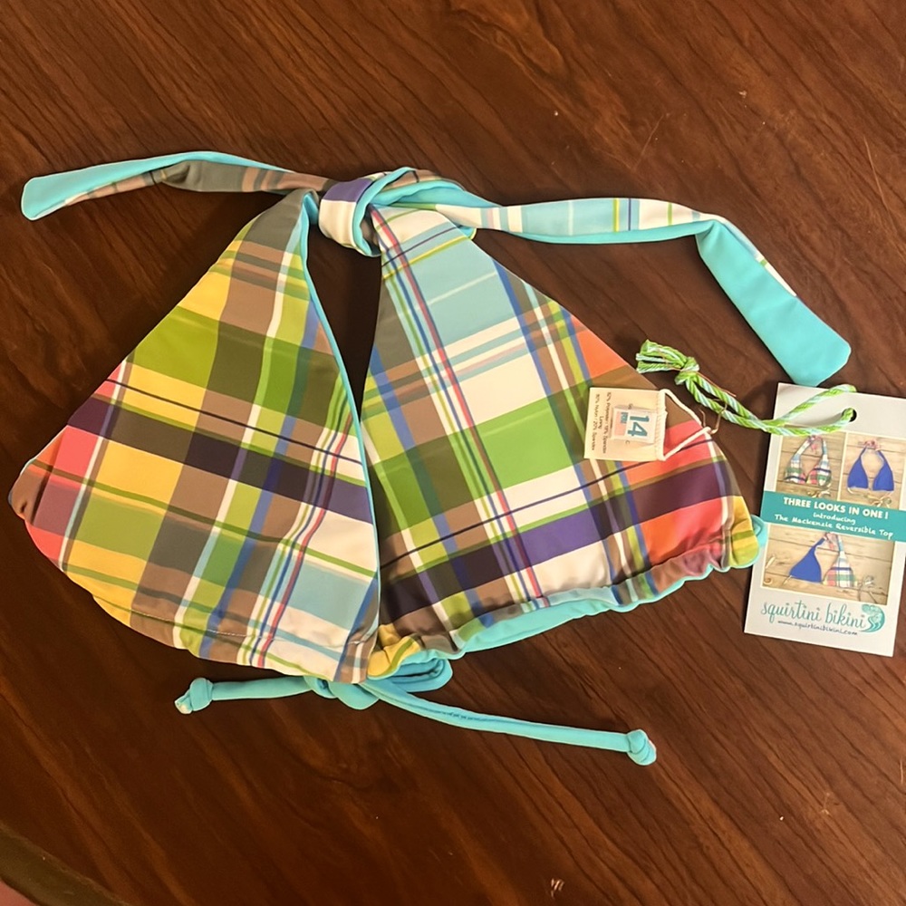 New, children’s size 14 squirtini bikini top, plaid